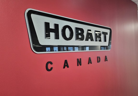 Custom 3D cut acrylic graphics and cut to shape brushed aluminum panel "Hobart Canada"
