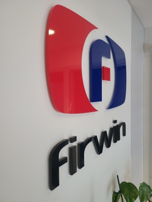 Custom 3D cut logo painted to match the Pantone colors "Firwin"