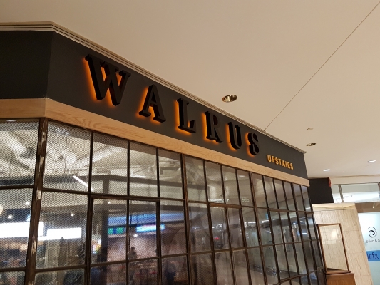 Fabricated stainless steel letters LED illuminated from the back WALRUS