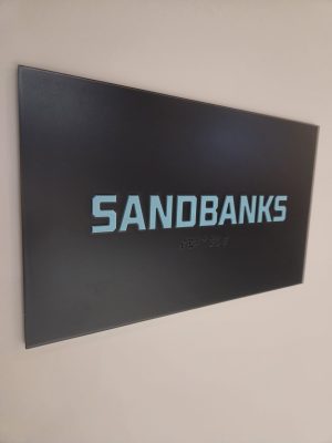 Custom clear acrylic office sign with raised graphics and braille.