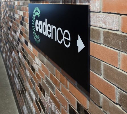 Custom acrylic sign with full color printed vinyl logo "Cadence"