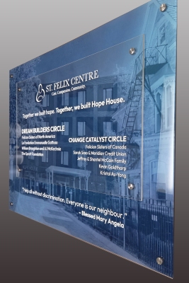 Custom clear acrylic reception sign with full color graphics and 2 signs installed with metal stand off pins