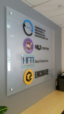 Frosted acrylic with vinyl graphics lobby sign s