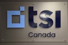 Frosted acrylic reception sign with 3D cut acrylic logo "tsi"