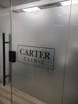 Full frosted vinyl with black vinyl cut logo "Carter Clinic"