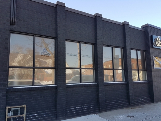 Full frosted windows reverse installed with cut out text